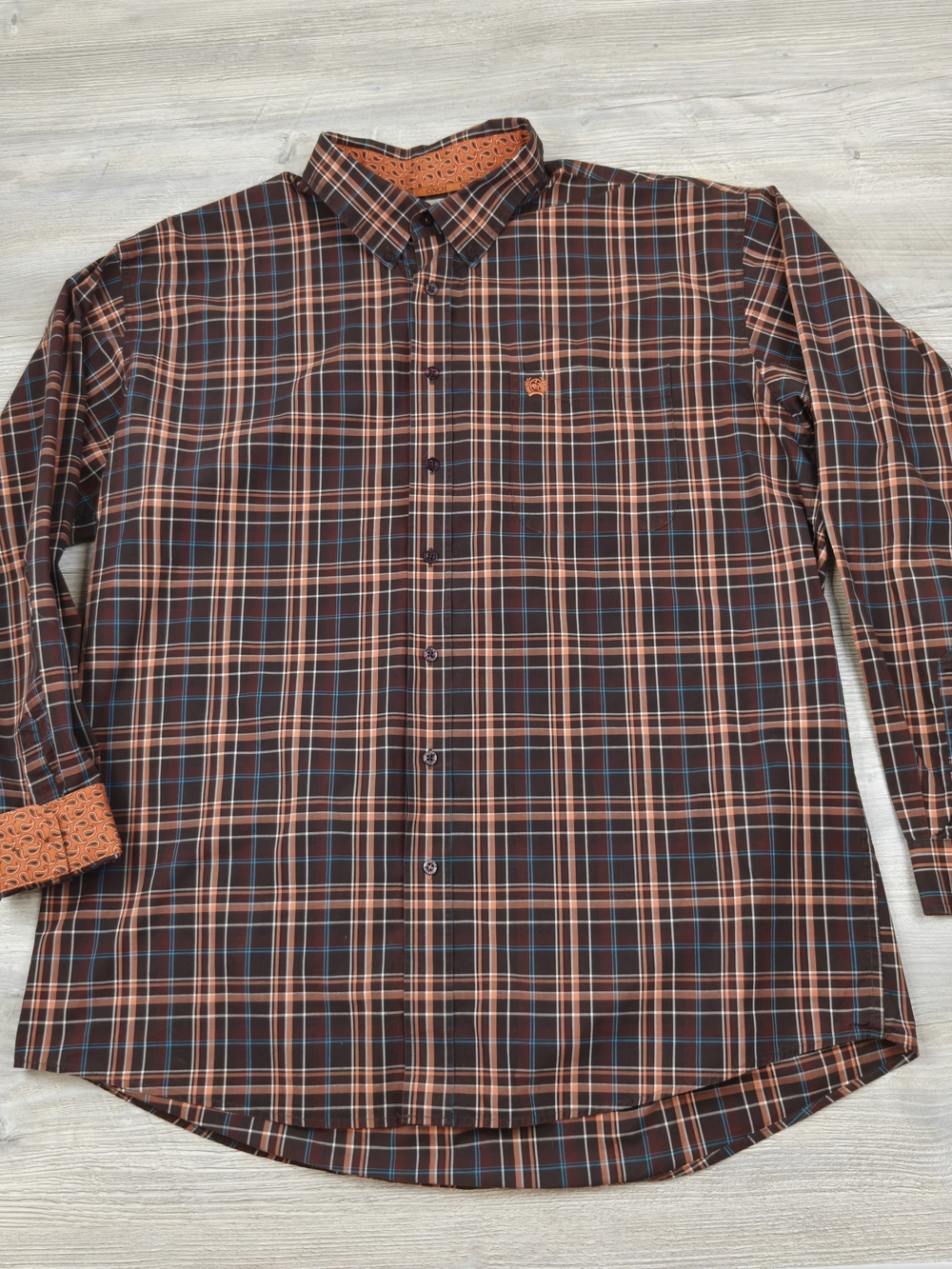 Cinch Mens XXL Plaid Western Shirt Brown Orange Turquoise Paisley Trim Cuff